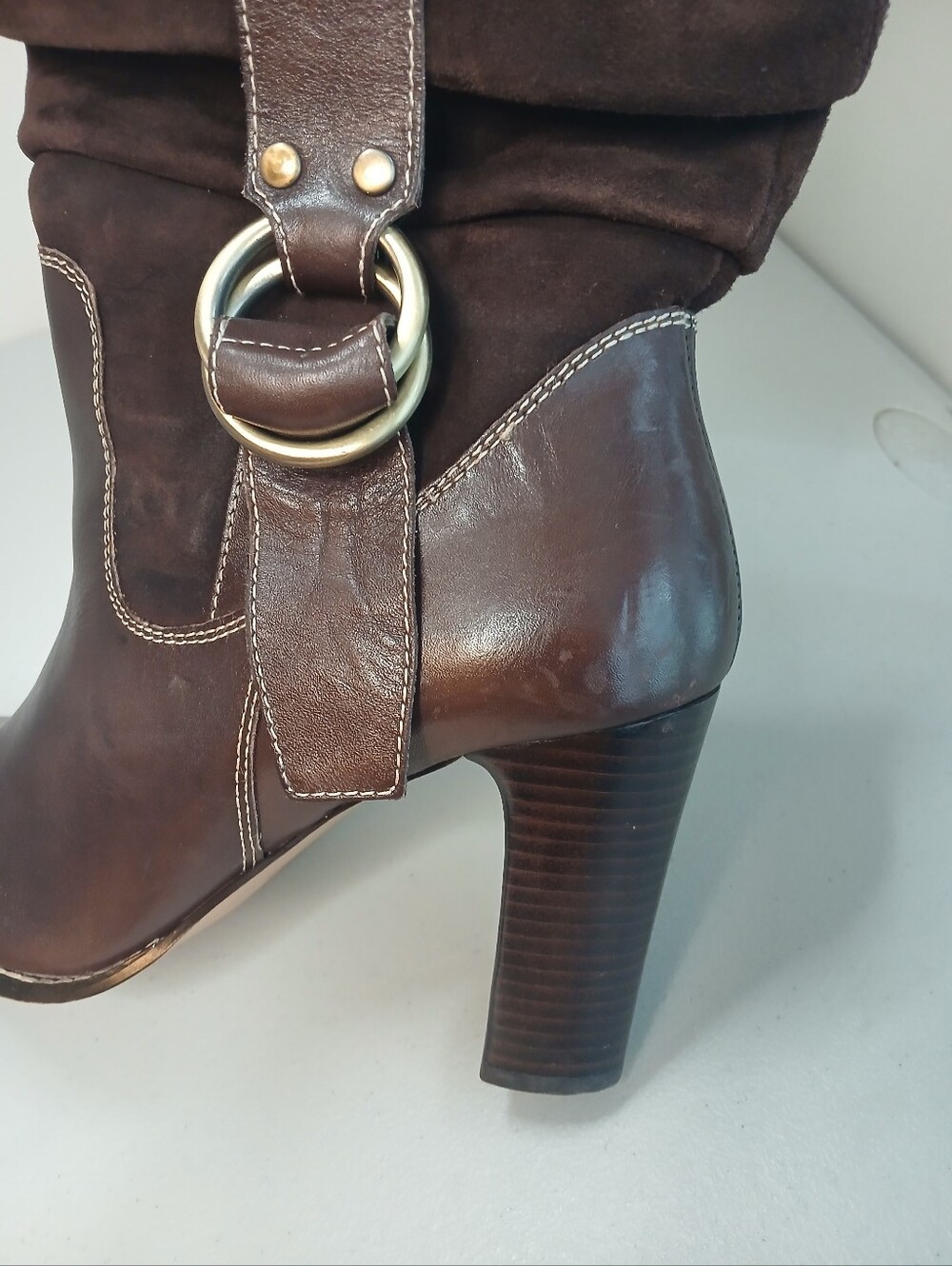 Chocolate Brown Suede & Leather Stacked Heel Mid Calf Boots 10M - Picture 7 of 12